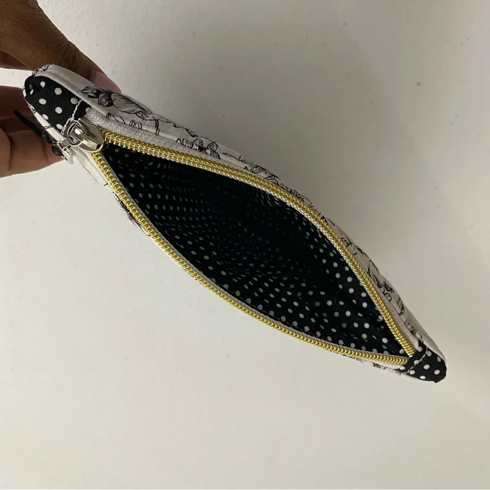 Quilted Floral‎ Zipper Pouch Black White Botanical Makeup Bag -Gift